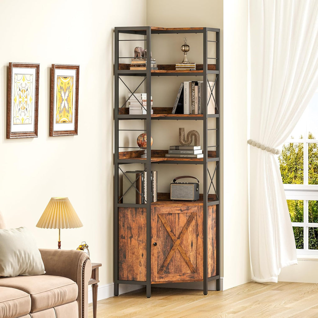 IRONCK 5 Tiers Corner Bookshelf with Baffles, Bookcase with Doors