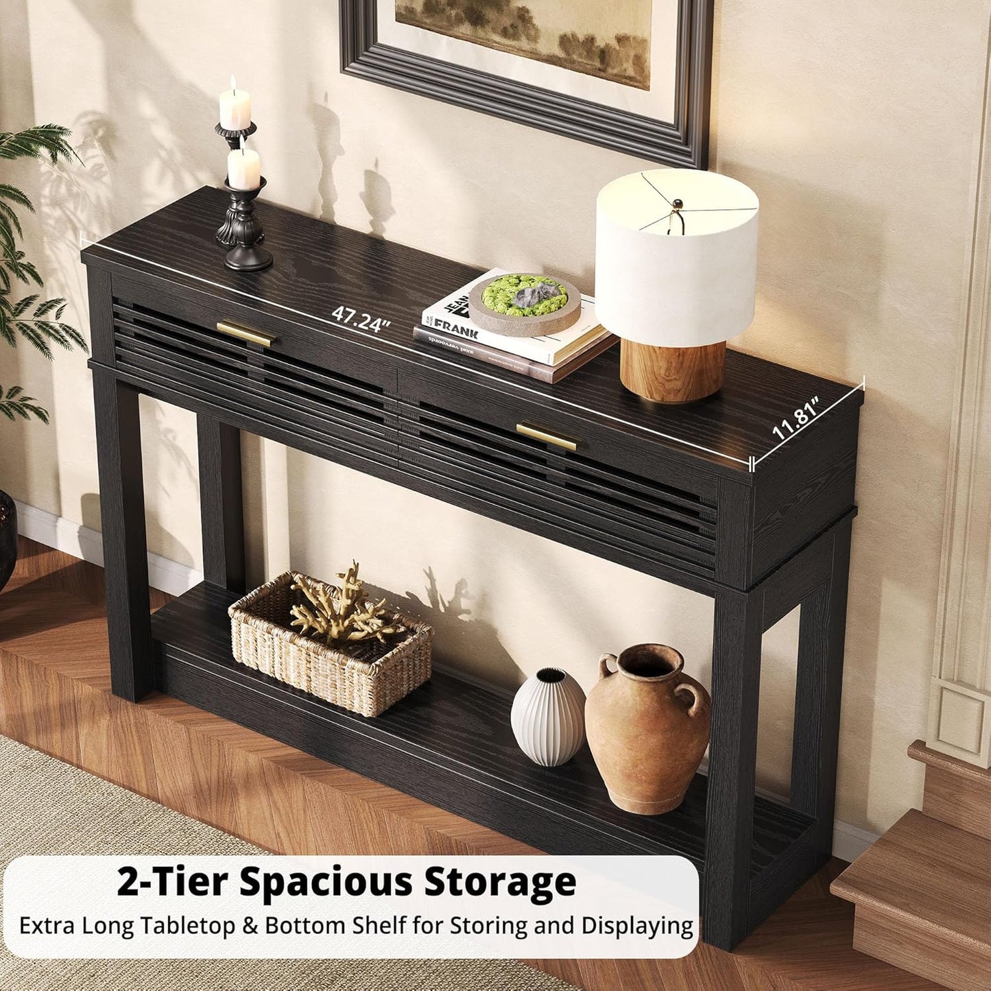 IRONCK Entryway Table, 47" Console Table with Drawer for Living Room, Wooden Sofa Table with Storage, Mid Century Modern, Black