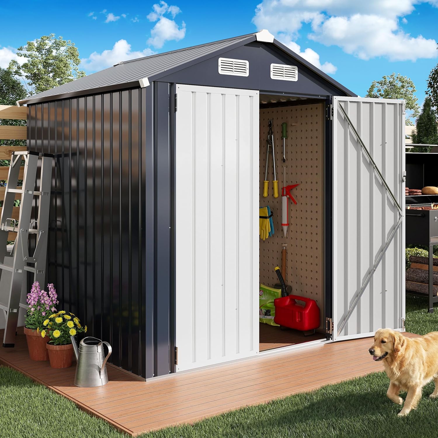 IRONCK 5.7x5.7FT Outdoor Storage Shed, Tool Shed, Dark Blue Galvanized Steel, Lockable Doors, Breathable Vent, Metal Garden Storage, Outdoor Shed, For Backyard, Patio, Poolside