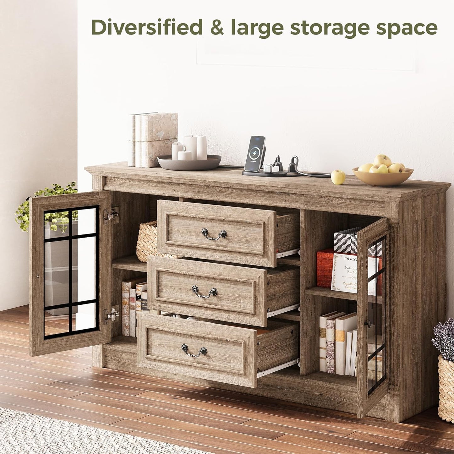 IRONCK Farmhouse TV Stand for 65 Inch TV with Outlets