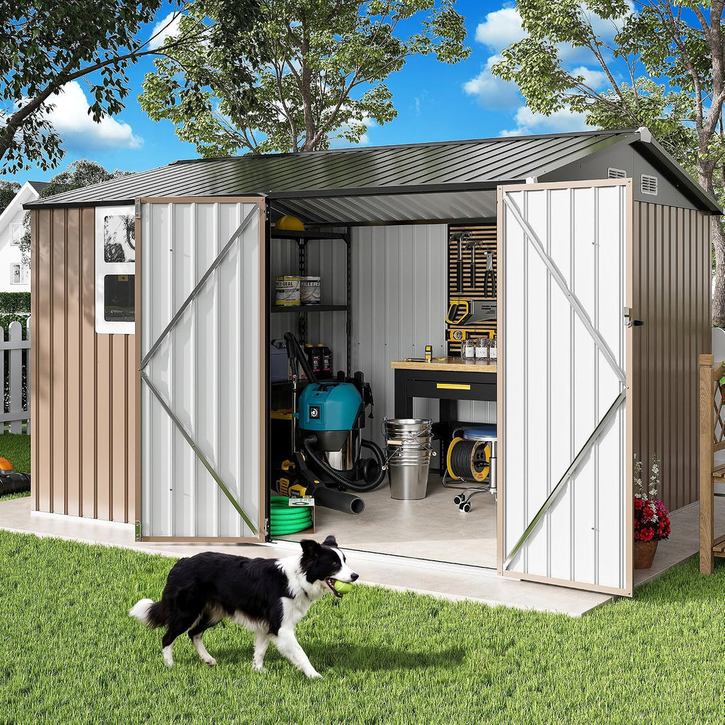 IRONCK 10x8.2FT Outdoor Storage Shed with Clear Window, Tool Shed, Brown Lockable Doors, Breathable Ventilation, 9.5x8 FT Base, Outdoor Shed For Generators/Bikes/Wheelbarrows
