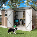 IRONCK 10x8.2FT Outdoor Storage Shed with Clear Window, Tool Shed, Brown Lockable Doors, Breathable Ventilation, 9.5x8 FT Base, Outdoor Shed For Generators/Bikes/Wheelbarrows