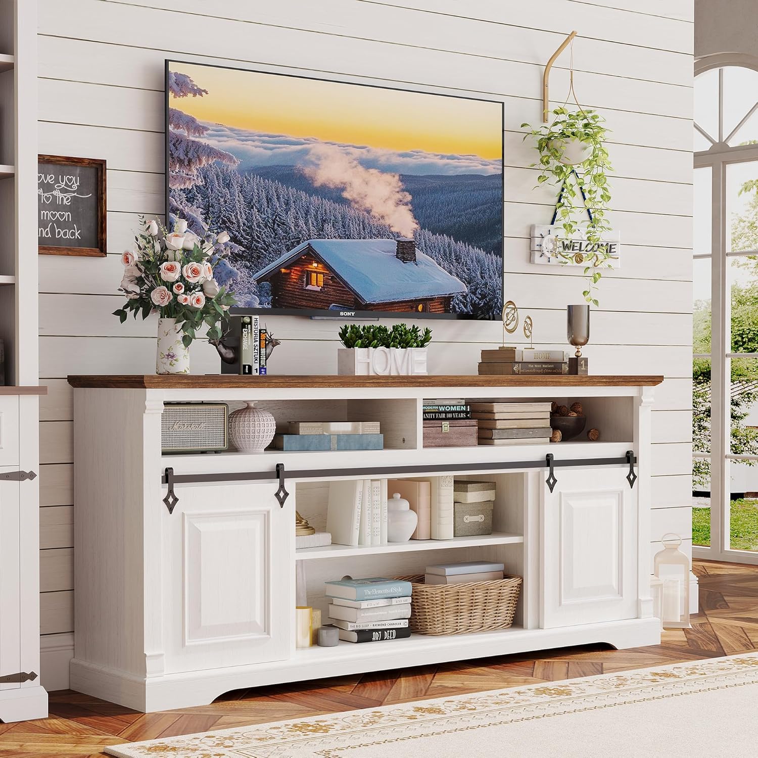 IRONCK Farmhouse TV Stand for 75+ Inch TV, White
