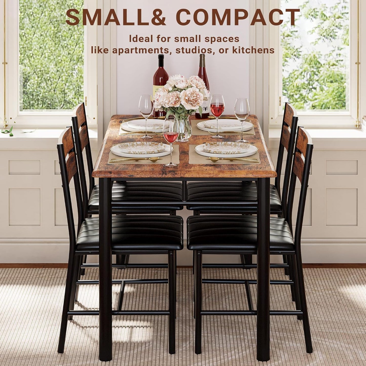 7 Furniture Dining Table Set for 4, Wood Kitchen Table with Upholstered Chairs for Kitchen Room and Small Spaces, Rustic Brown