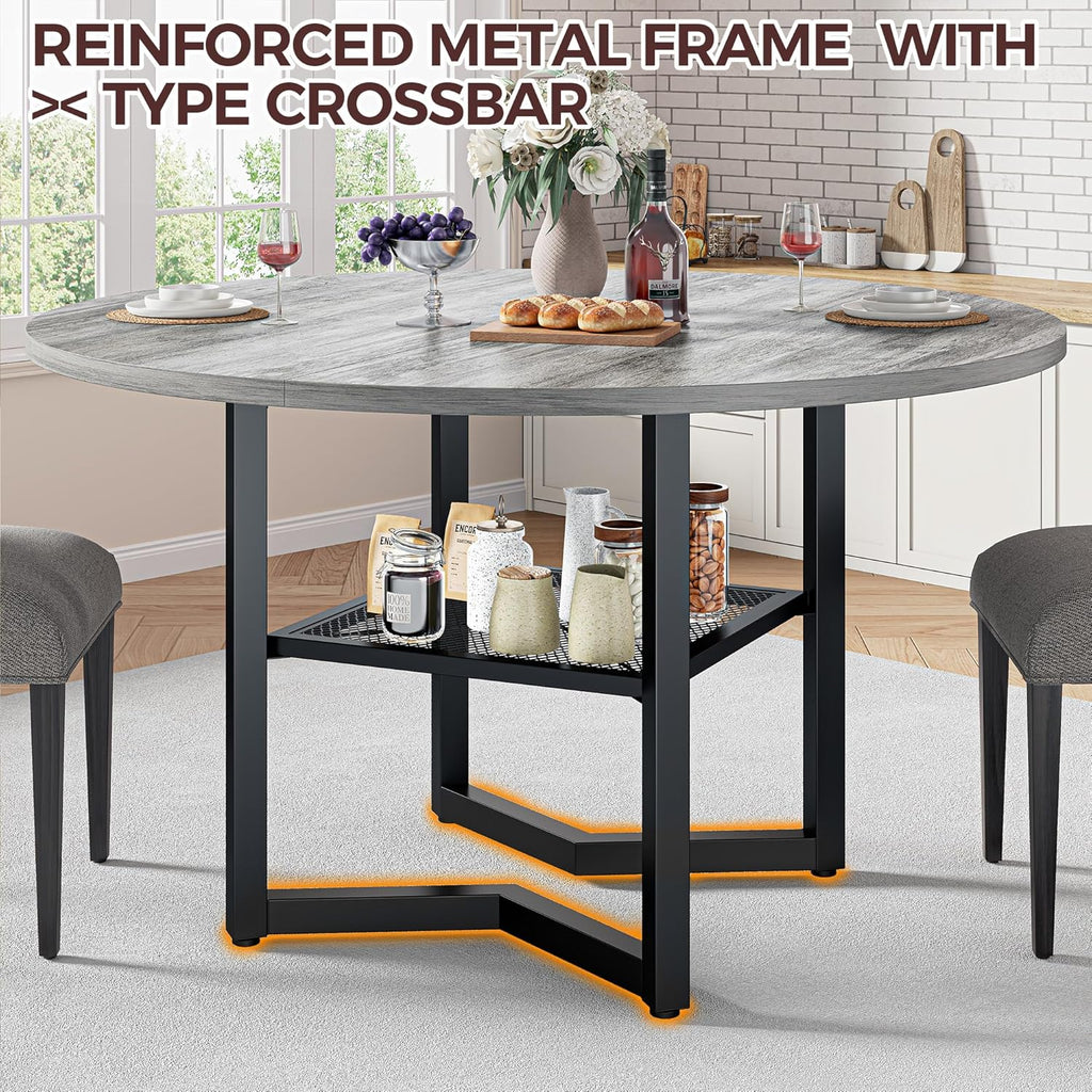 IRONCK 47.2" Round Dining Table with Wooden Tabletop and Metal Base, Gray
