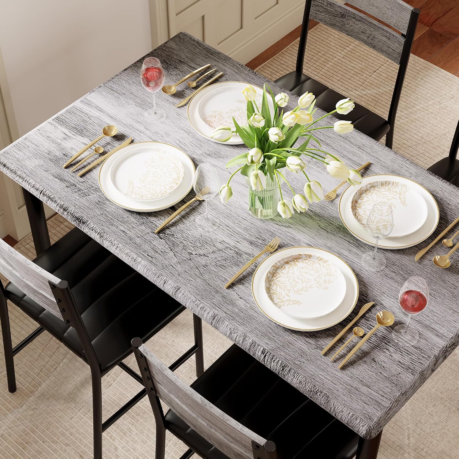IRONCK Wood Dining Table Set, Wood Kitchen Table with Upholstered Chairs