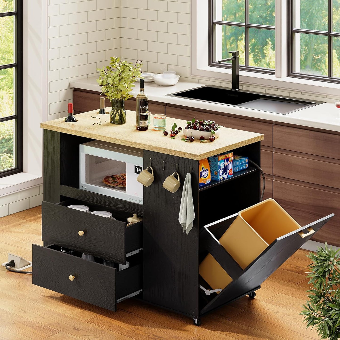 IRONCK Kitchen Island with Trash Can Black