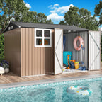 IRONCK 10x8.2FT Outdoor Storage Shed with Clear Window, Tool Shed, Brown Lockable Doors, Breathable Ventilation, 9.5x8 FT Base, Outdoor Shed For Generators/Bikes/Wheelbarrows