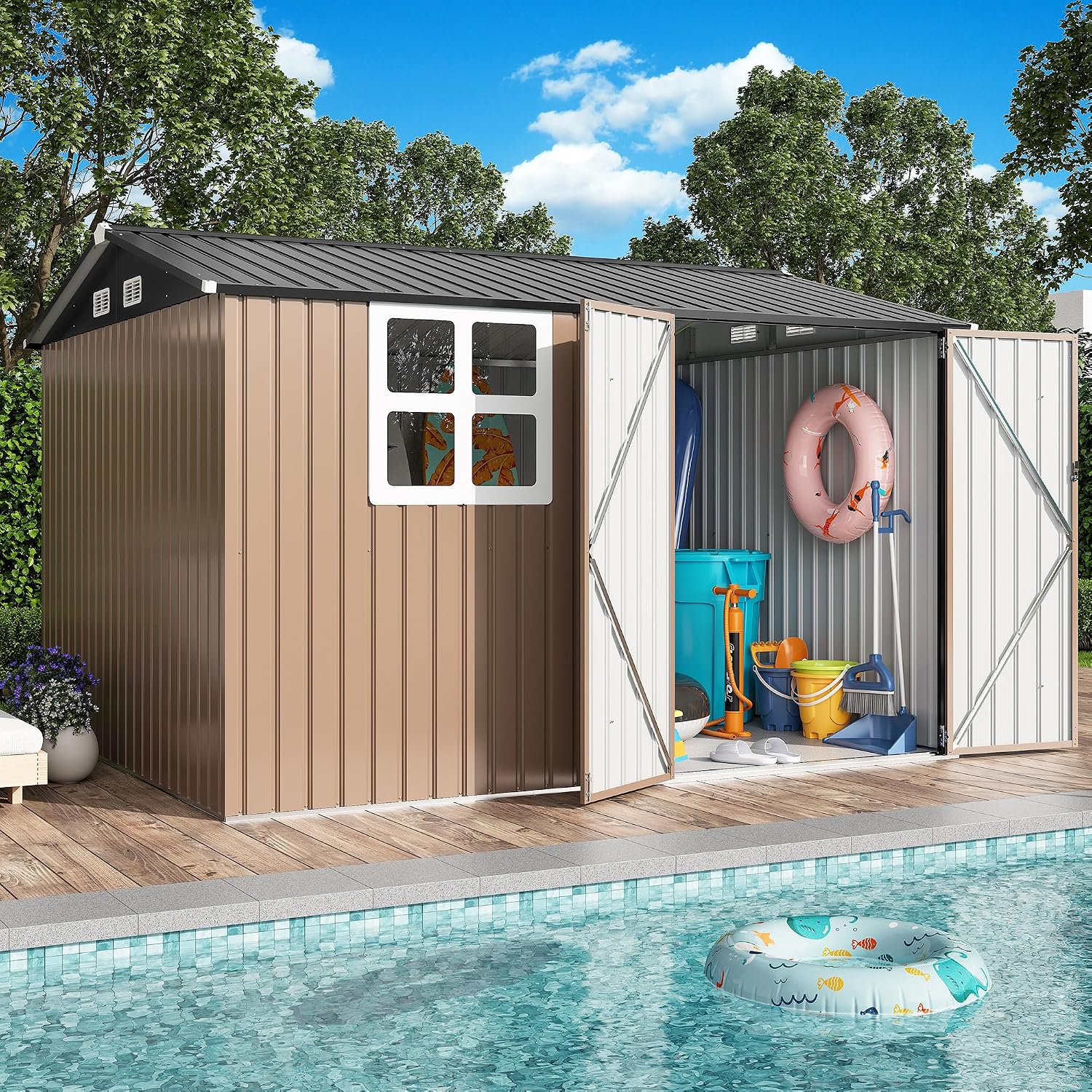 IRONCK 10x8.2FT Outdoor Storage Shed with Clear Window, Tool Shed, Brown Lockable Doors, Breathable Ventilation, 9.5x8 FT Base, Outdoor Shed For Generators/Bikes/Wheelbarrows