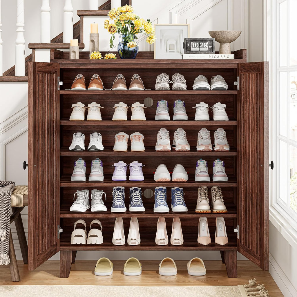 IRONCK 6-Tier Wooden  Shoe Cabinet with Slatted Doors