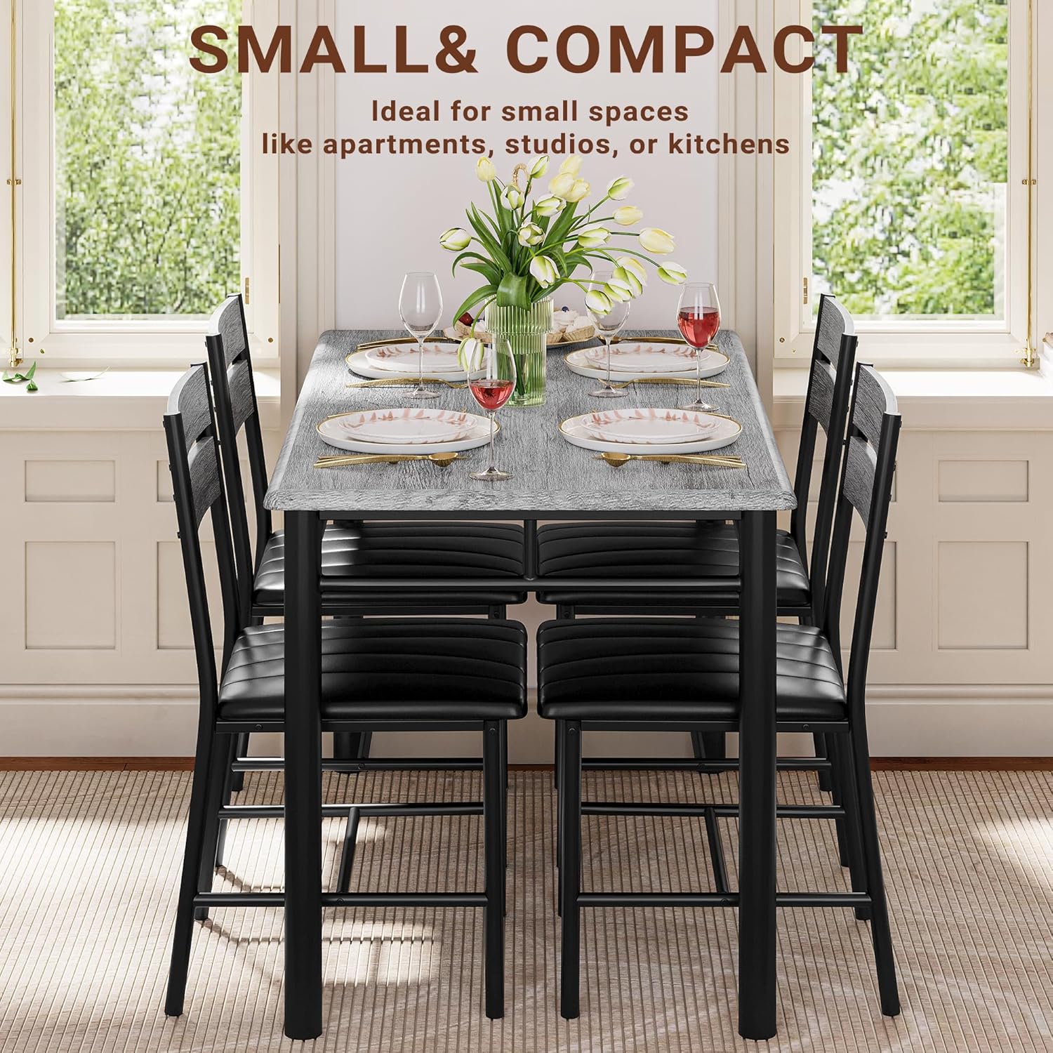 IRONCK Dining Table Set for 4, with Upholstered Chairs, Grey