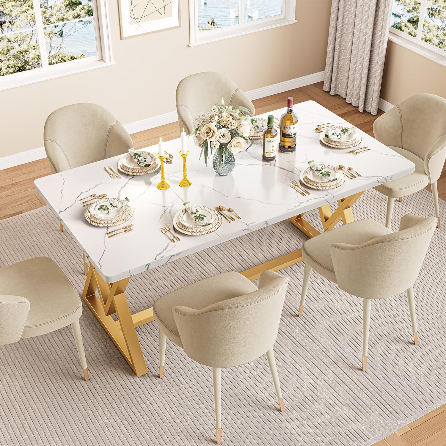 IRONCK 63" Dining Table for 4-6,  with Sturdy Metal Frame-White