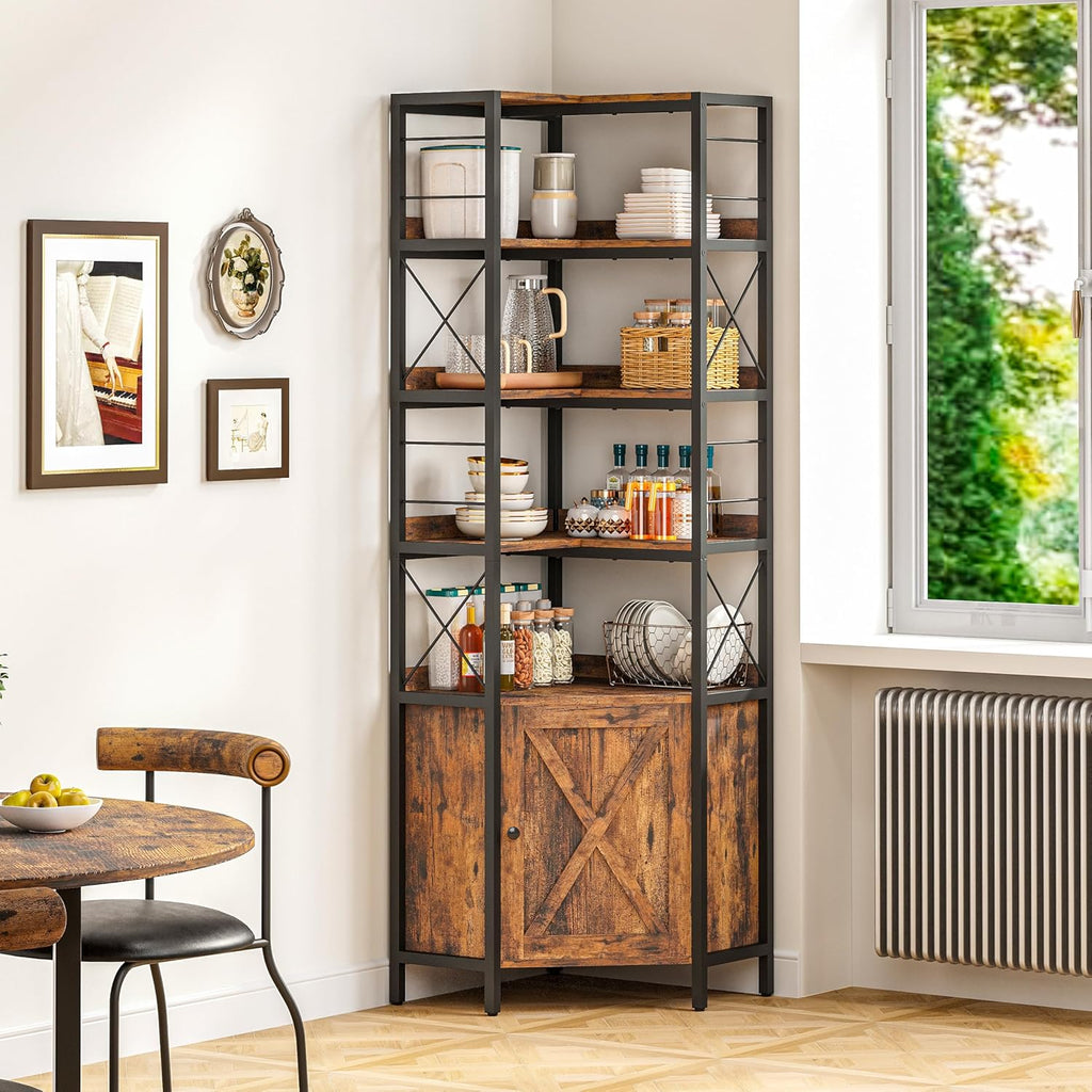 IRONCK 5 Tiers Corner Bookshelf with Baffles, Bookcase with Doors