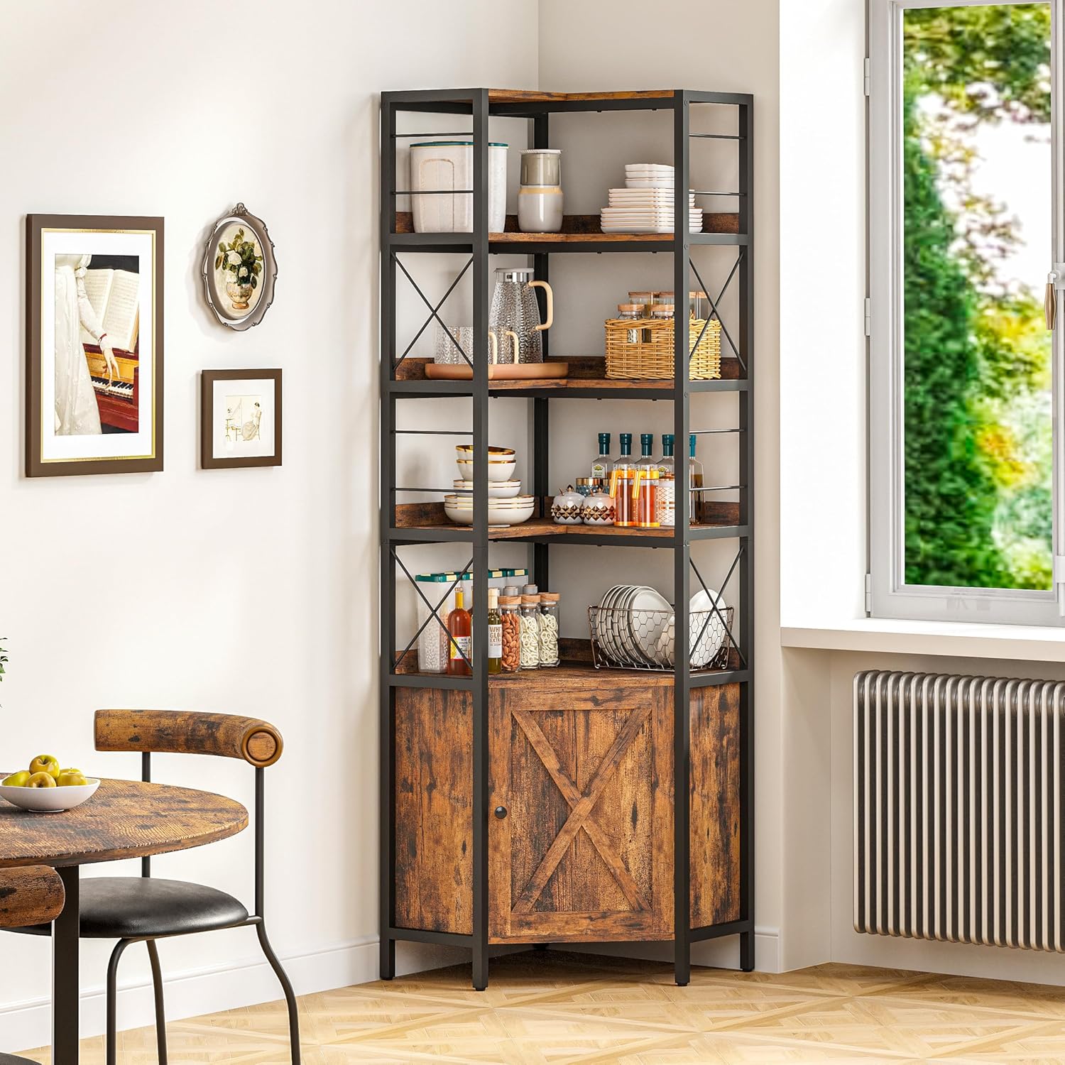 IRONCK 5 Tiers Corner Bookshelf with Baffles, Bookcase with Doors
