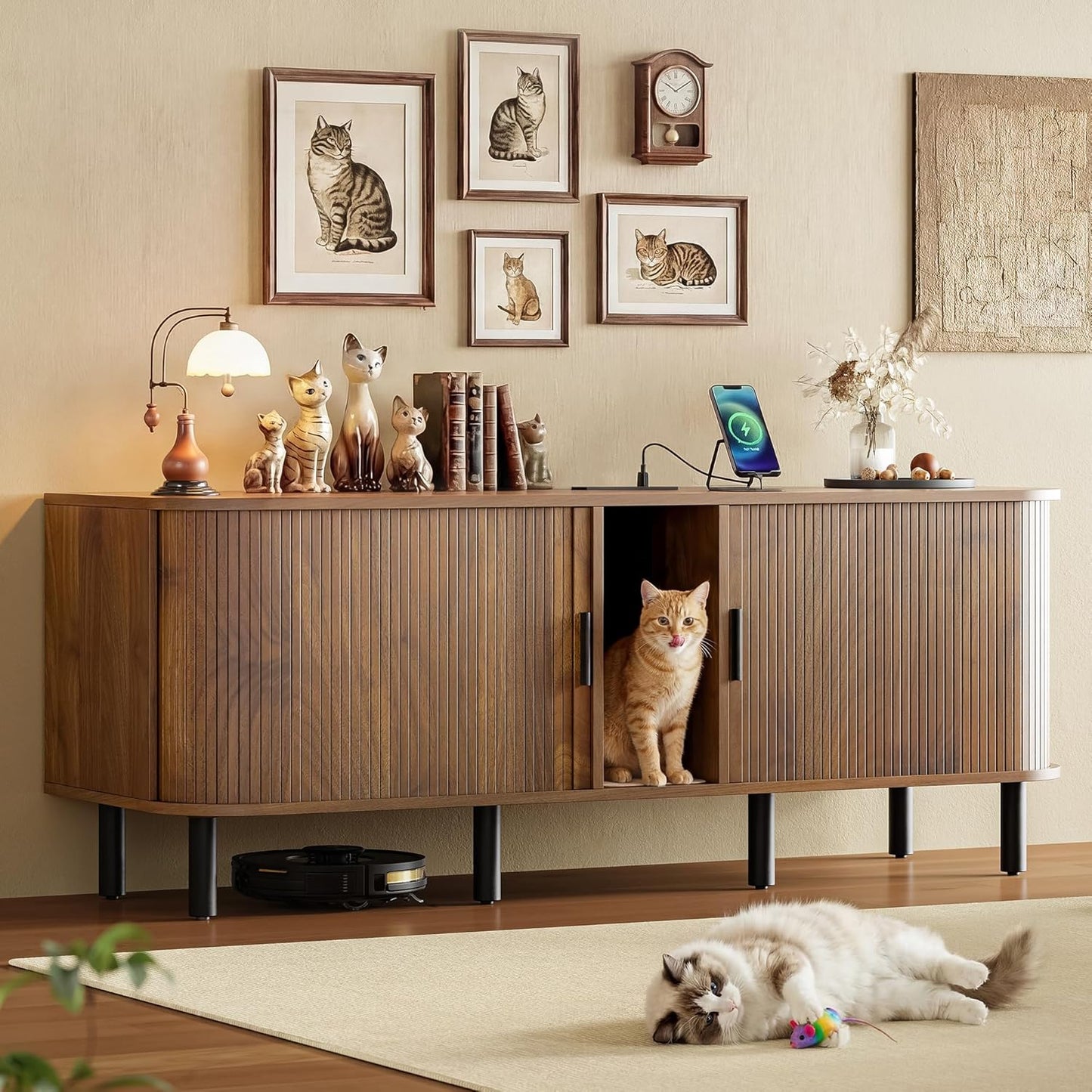 7 Furniture 60 Inch Double Cat Litter Box Enclosure Furniture with Built-in Power Outlet & Sliding Door, Walnut