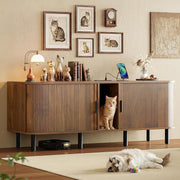 7 Furniture 60 Inch Double Cat Litter Box Enclosure Furniture with Built-in Power Outlet & Sliding Door, Walnut