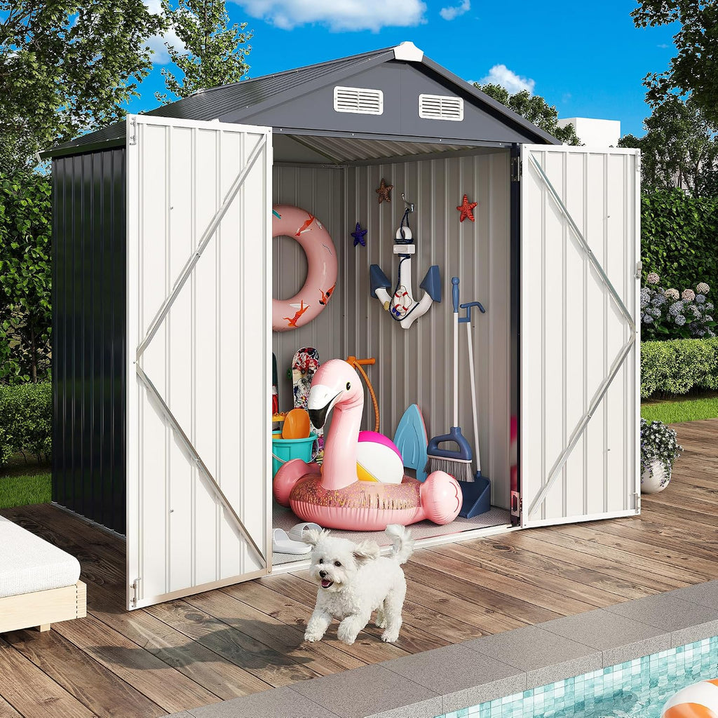 IRONCK 5.7x5.7FT Outdoor Storage Shed, Tool Shed, Dark Blue Galvanized Steel, Lockable Doors, Breathable Vent, Metal Garden Storage, Outdoor Shed, For Backyard, Patio, Poolside