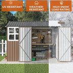 IRONCK 8x6FT Outdoor Storage Shed with Clear Window, Outdoor Shed, Brown Breathable Vent, Lockable Doors, Metal Garden Storage, Tool Shed, For Poolside, Patio, Backyard