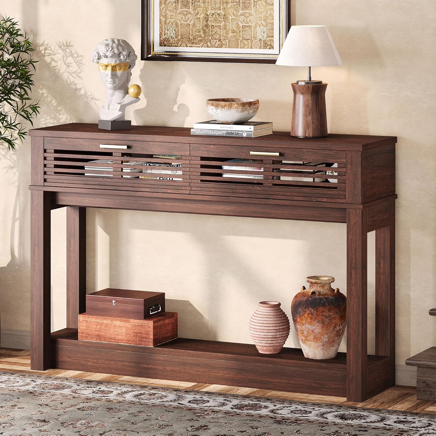 IRONCK 47"  Console Table with Drawer for Living Room, Red Walnut