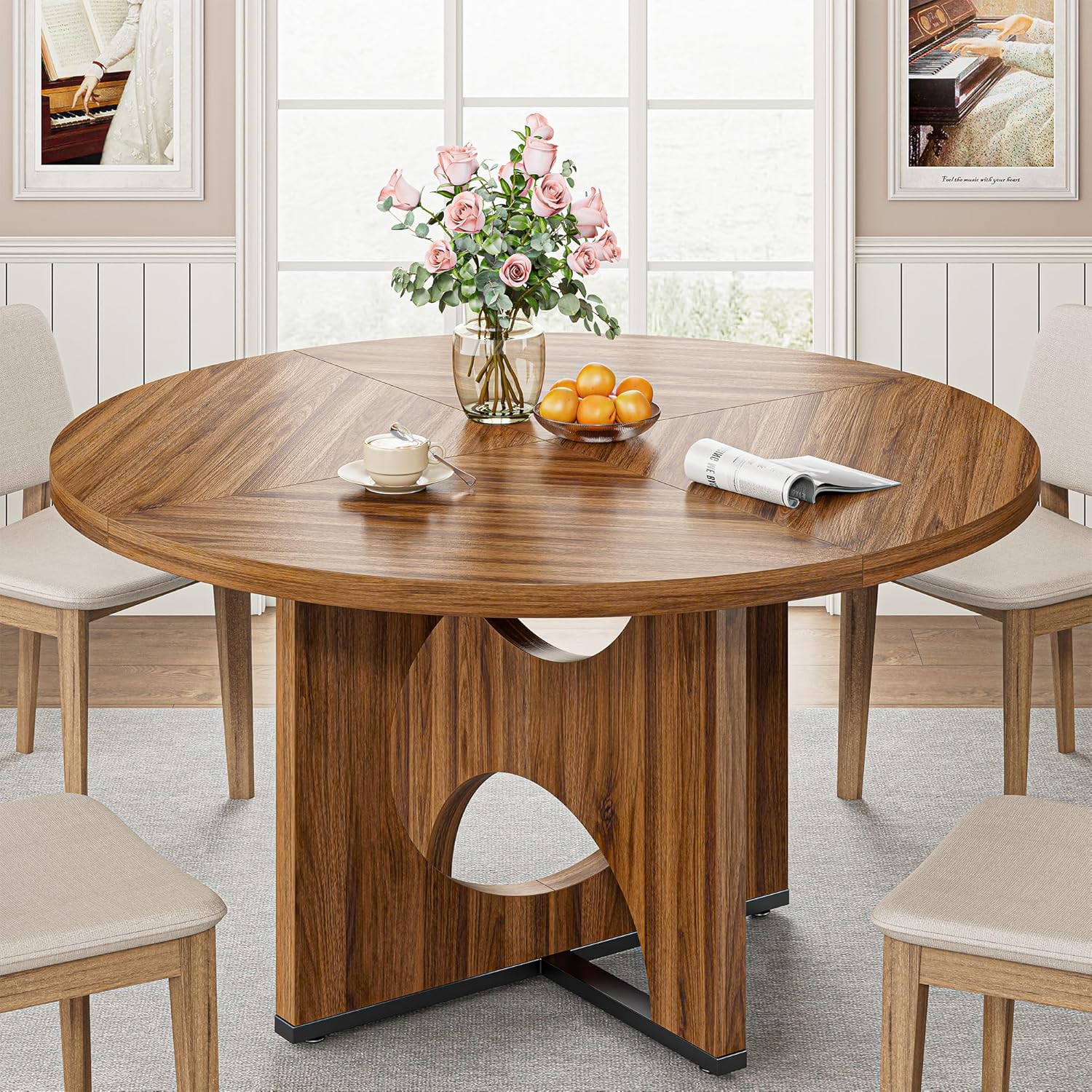 IRONCK 47.2" Wooden Round Dining Table for 4-6 People, Walnut