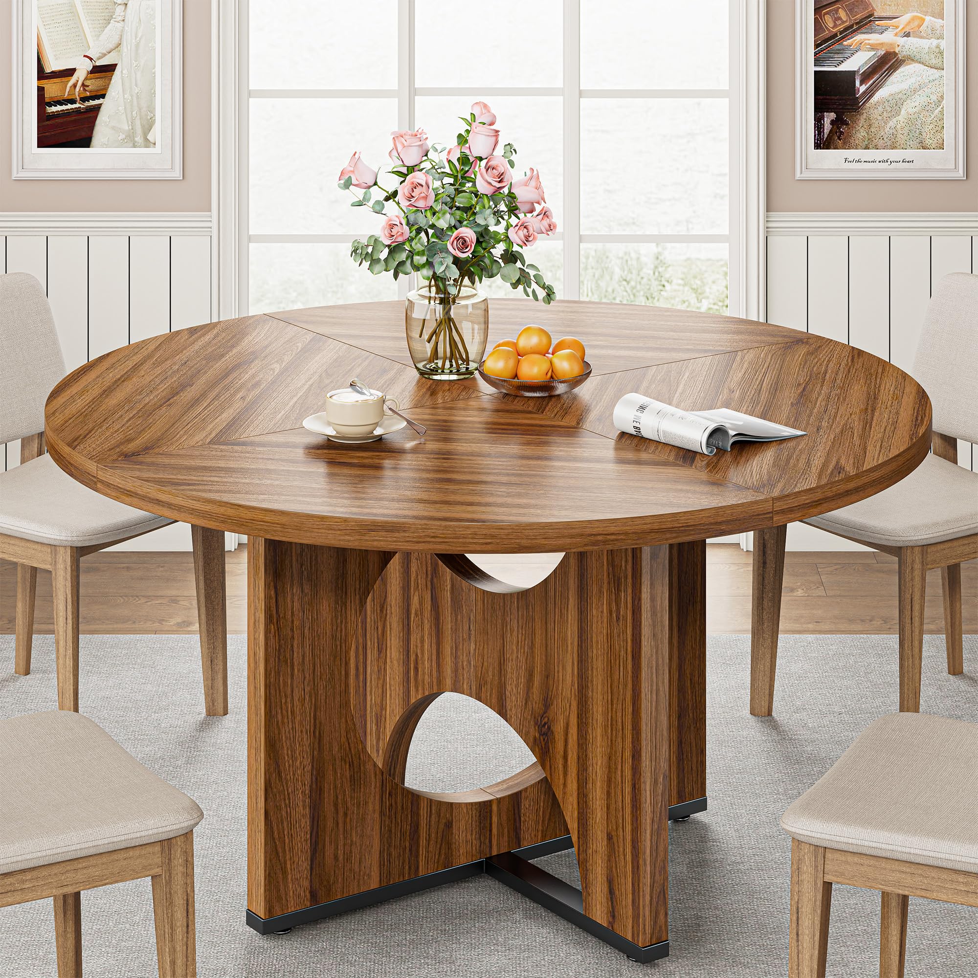 IRONCK 47.2" Wooden Round Dining Table for 4-6 People, Walnut
