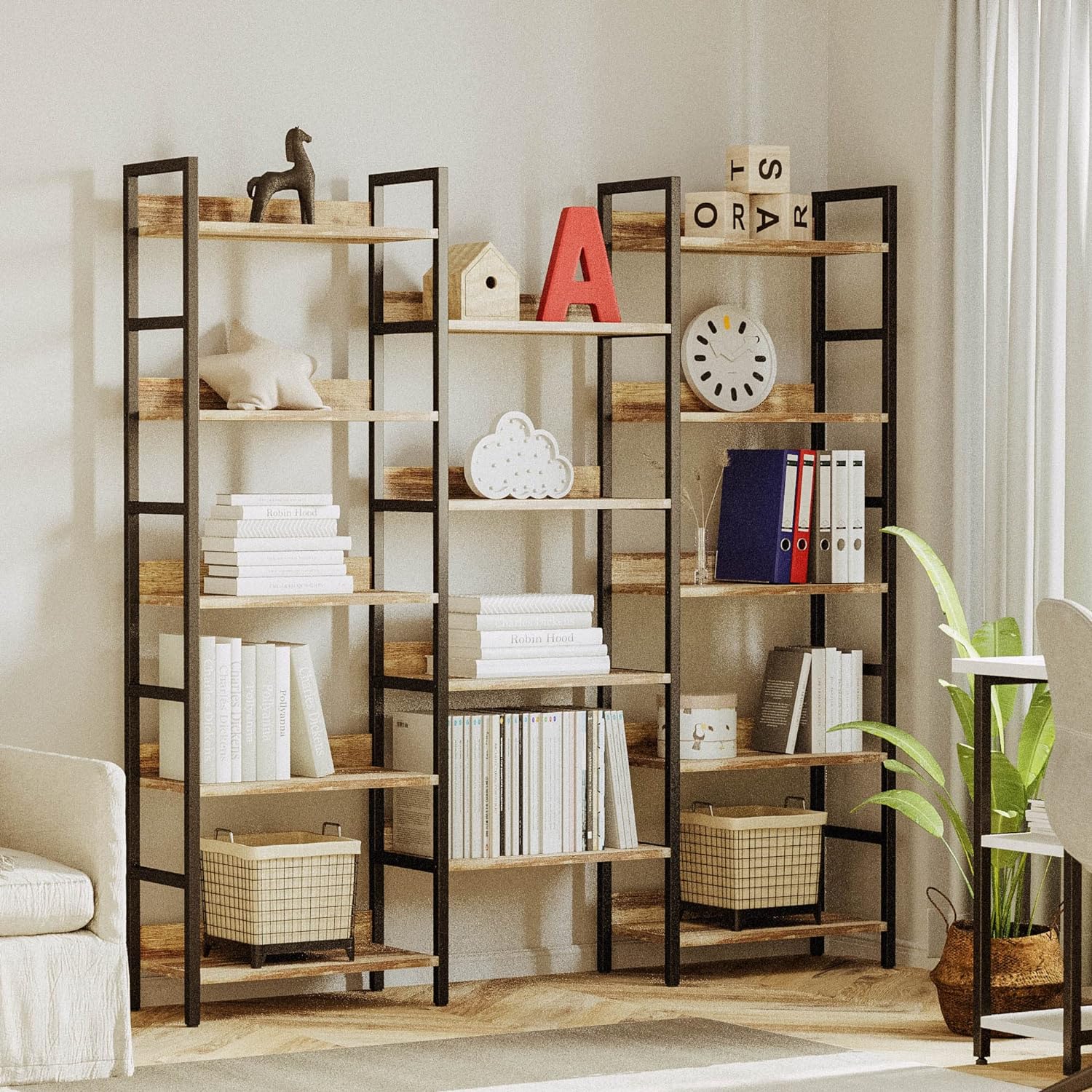 Triple Wide Bookshelf 5 Tiers with Baffles