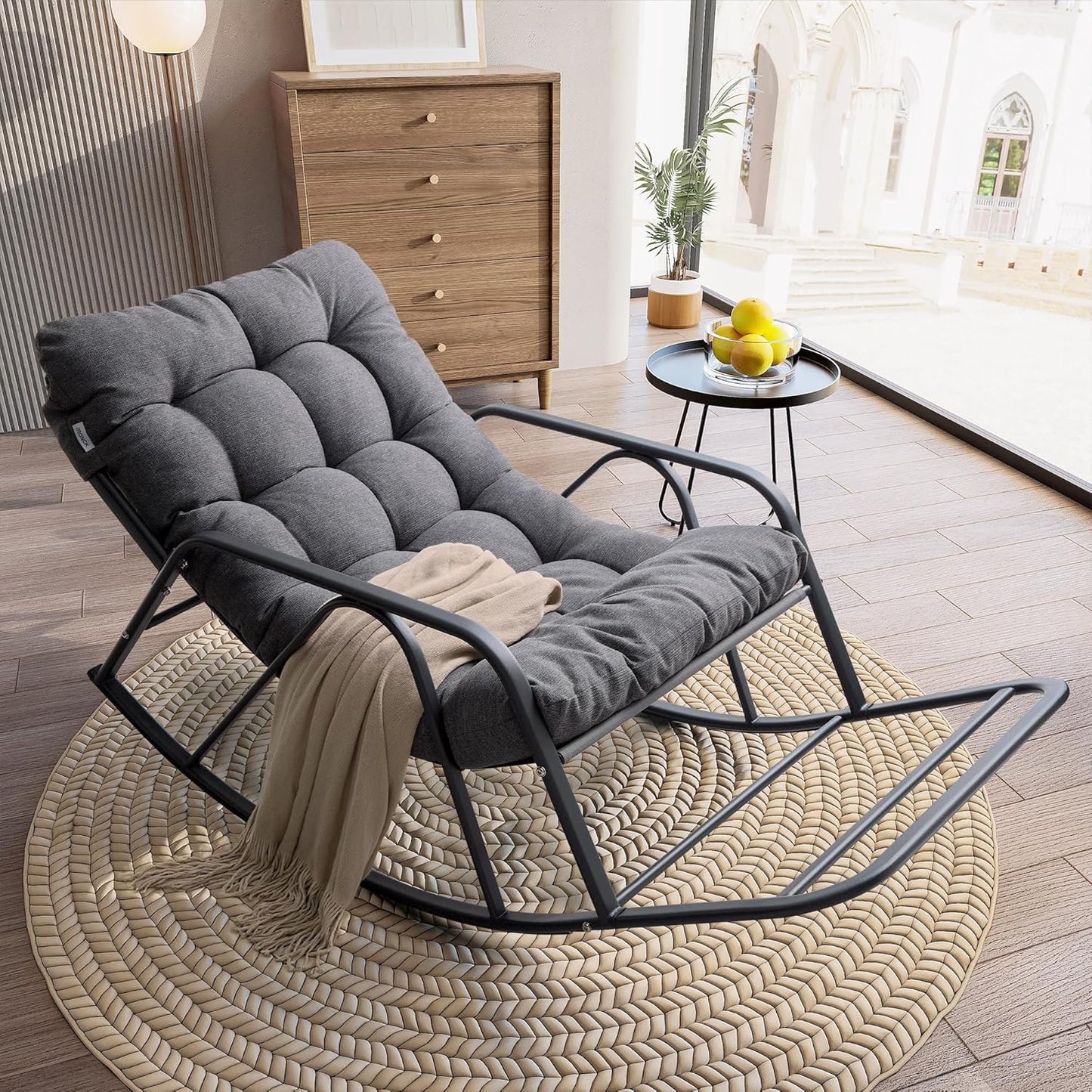 IRONCK Patio Rocking Chair with Cushion, Oversized Outdoor Rocking Chair, Gray