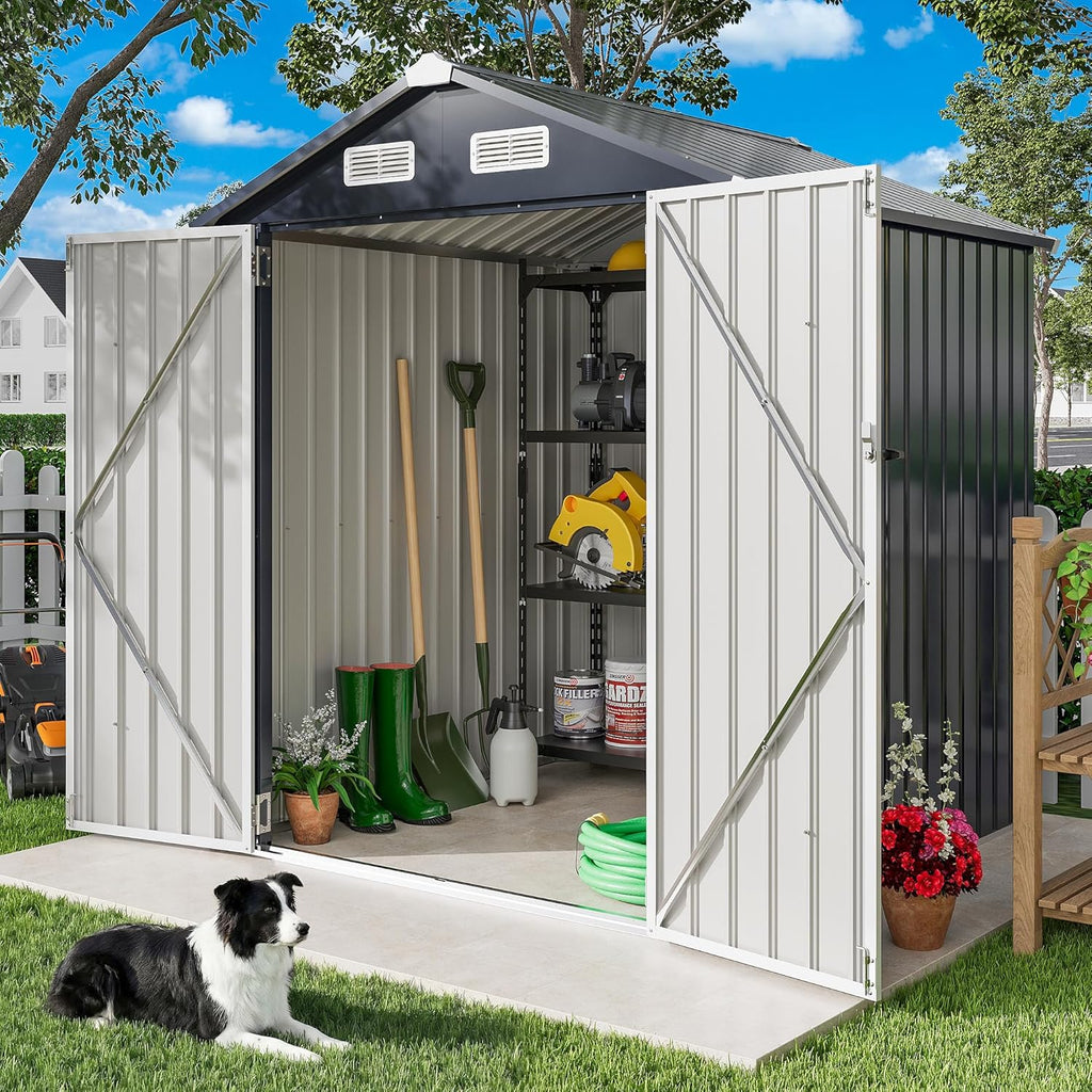 IRONCK 5.7x5.7FT Outdoor Storage Shed, Tool Shed, Dark Blue Galvanized Steel, Lockable Doors, Breathable Vent, Metal Garden Storage, Outdoor Shed, For Backyard, Patio, Poolside
