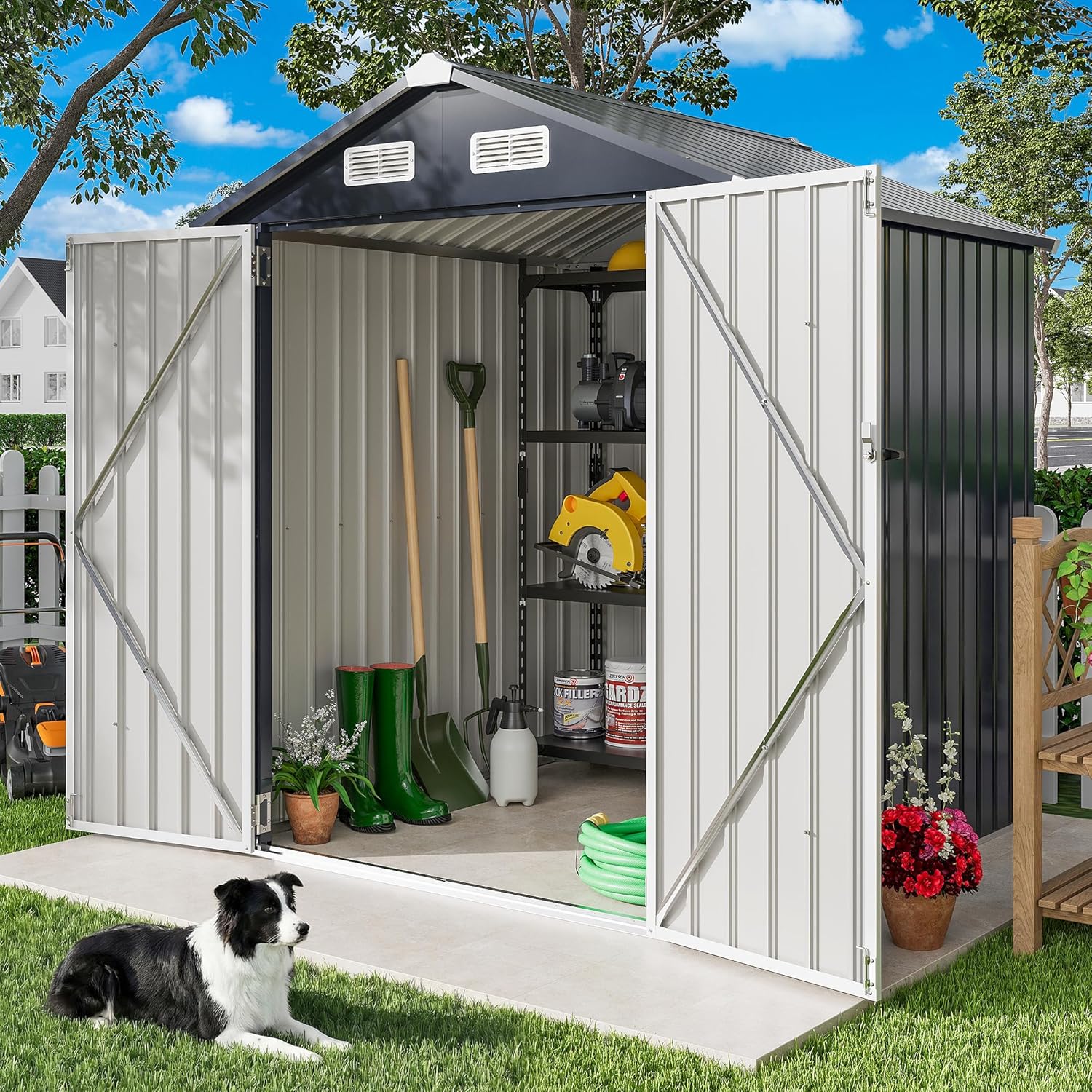 IRONCK 5.7x5.7FT Outdoor Storage Shed, Tool Shed, Dark Blue Galvanized Steel, Lockable Doors, Breathable Vent, Metal Garden Storage, Outdoor Shed, For Backyard, Patio, Poolside