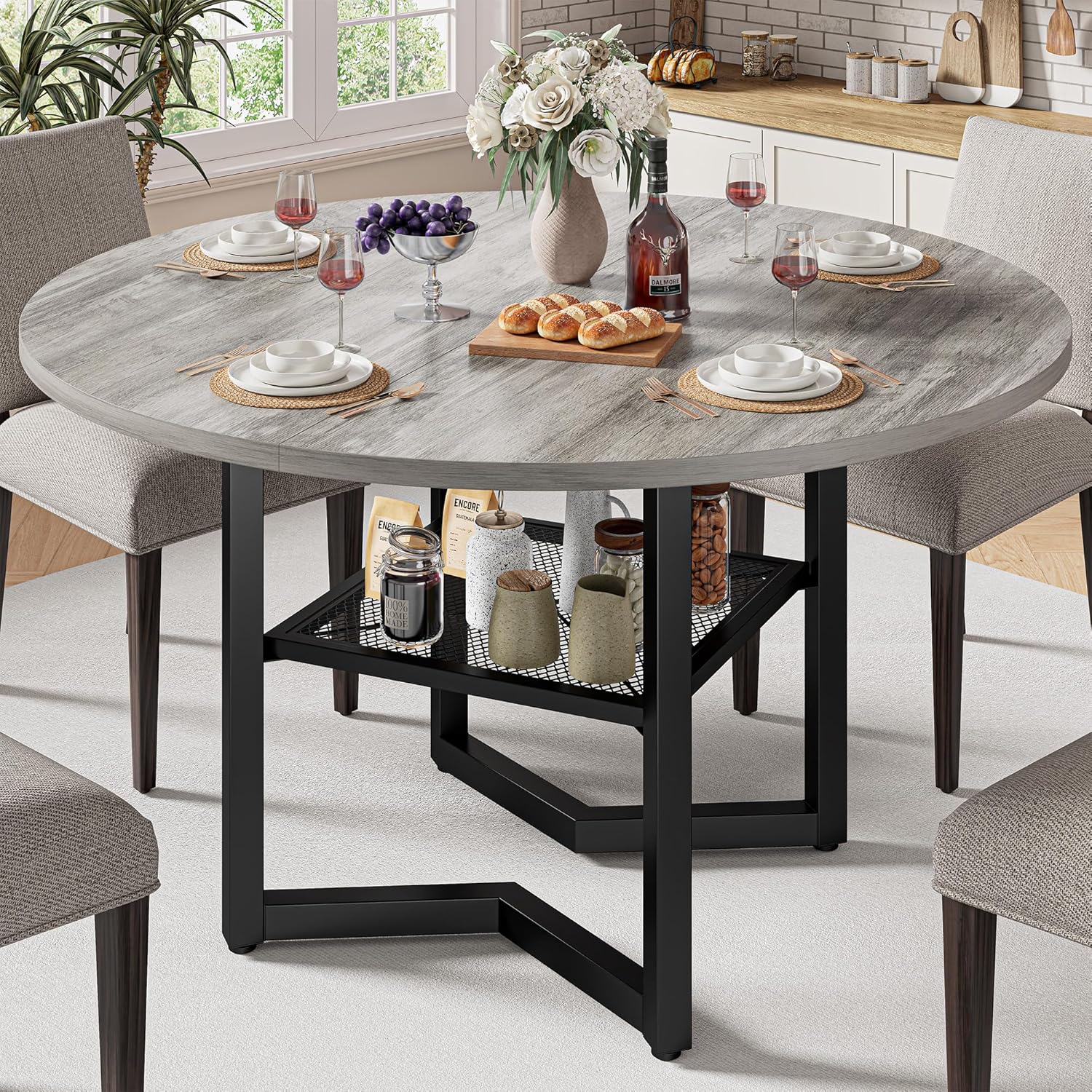 IRONCK 47.2" Round Dining Table with Wooden Tabletop and Metal Base, Gray