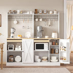IRONCK Bakers Rack with Pull-Out Shelf and Power Outlet, White | Microwave Stand with Storage, Coffee Bar Cabinet with Adjustable Shelves, Barn Door Pantry Cabinet for Kitchen Dining Room