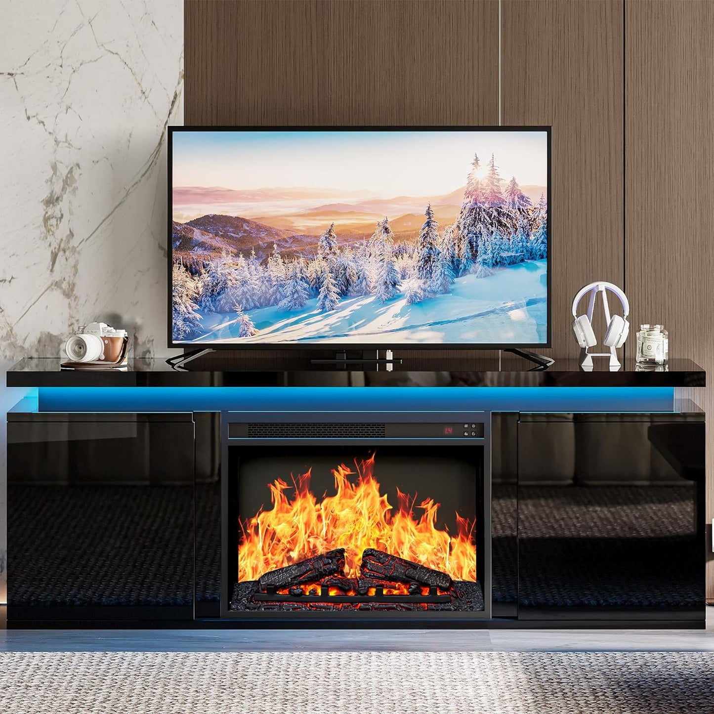 IRONCK Black Fireplace TV Stand with Electric Fireplace