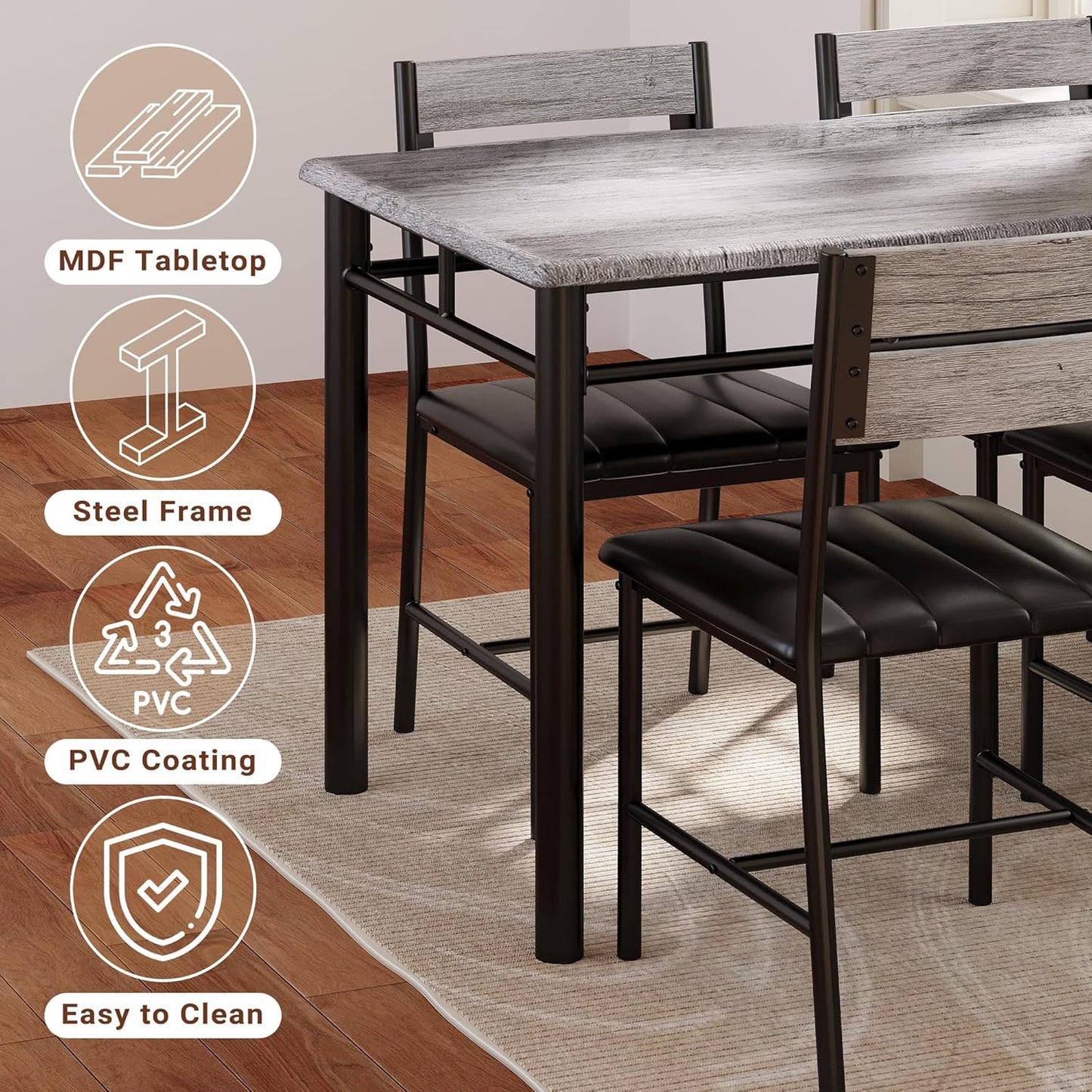 IRONCK Dining Table Set for 4, Wood Kitchen Table with Upholstered Chairs for Kitchen Room and Small Spaces, Grey
