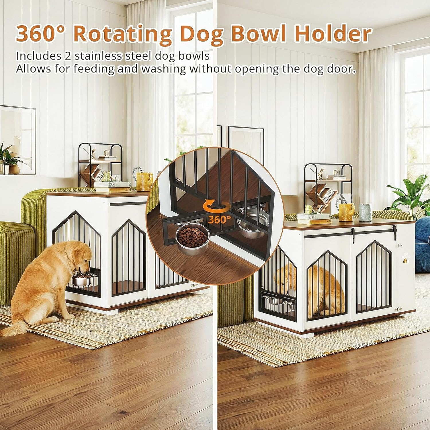 IRONCK Large Dog Crate Furniture with 2 Rotatable Dog Bowls, White
