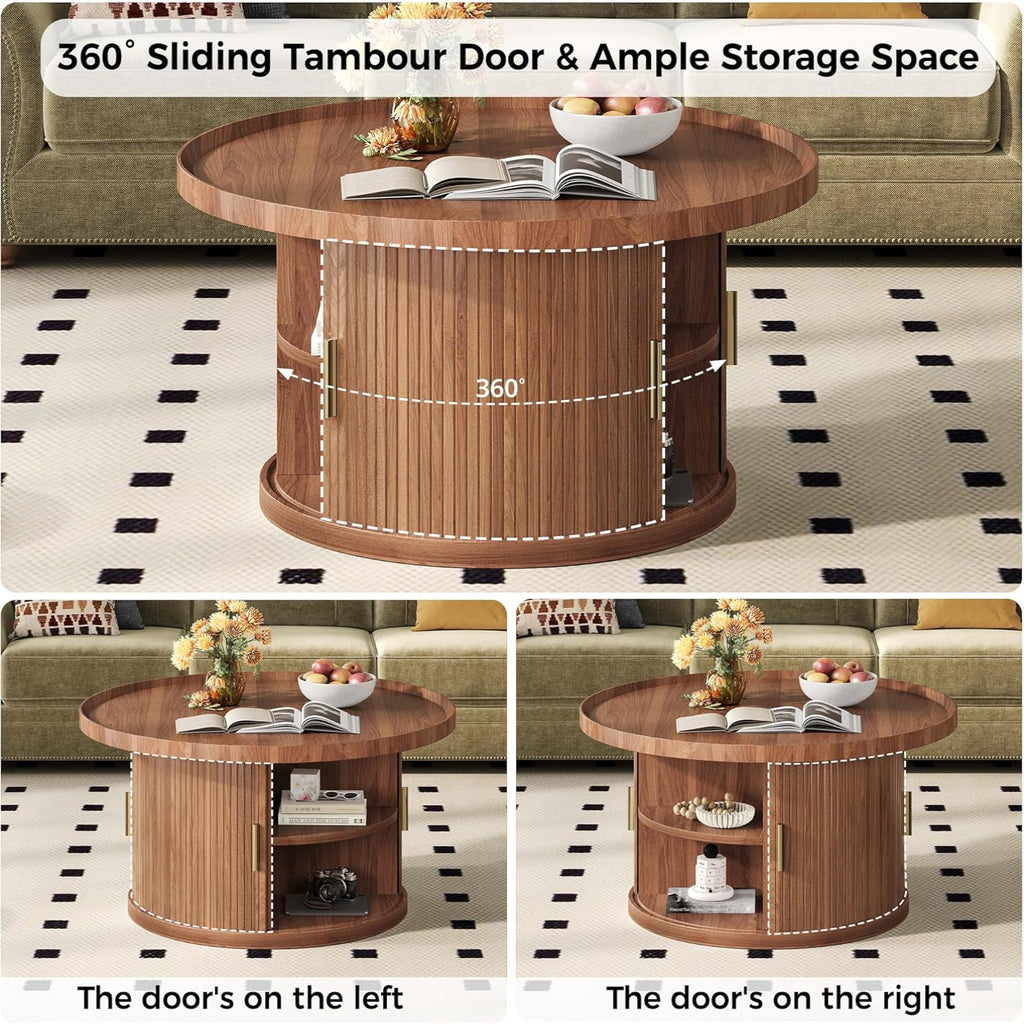 IRONCK 31.5" Round Coffee Table with Storage & Sliding Tambour Door