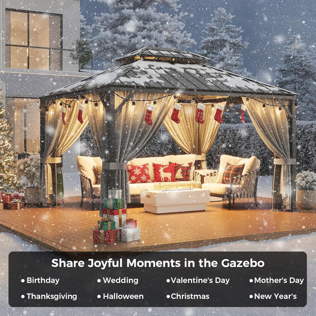 IRONCK Aluminum Patio Gazebo with Double Roof, with Net and Curtain