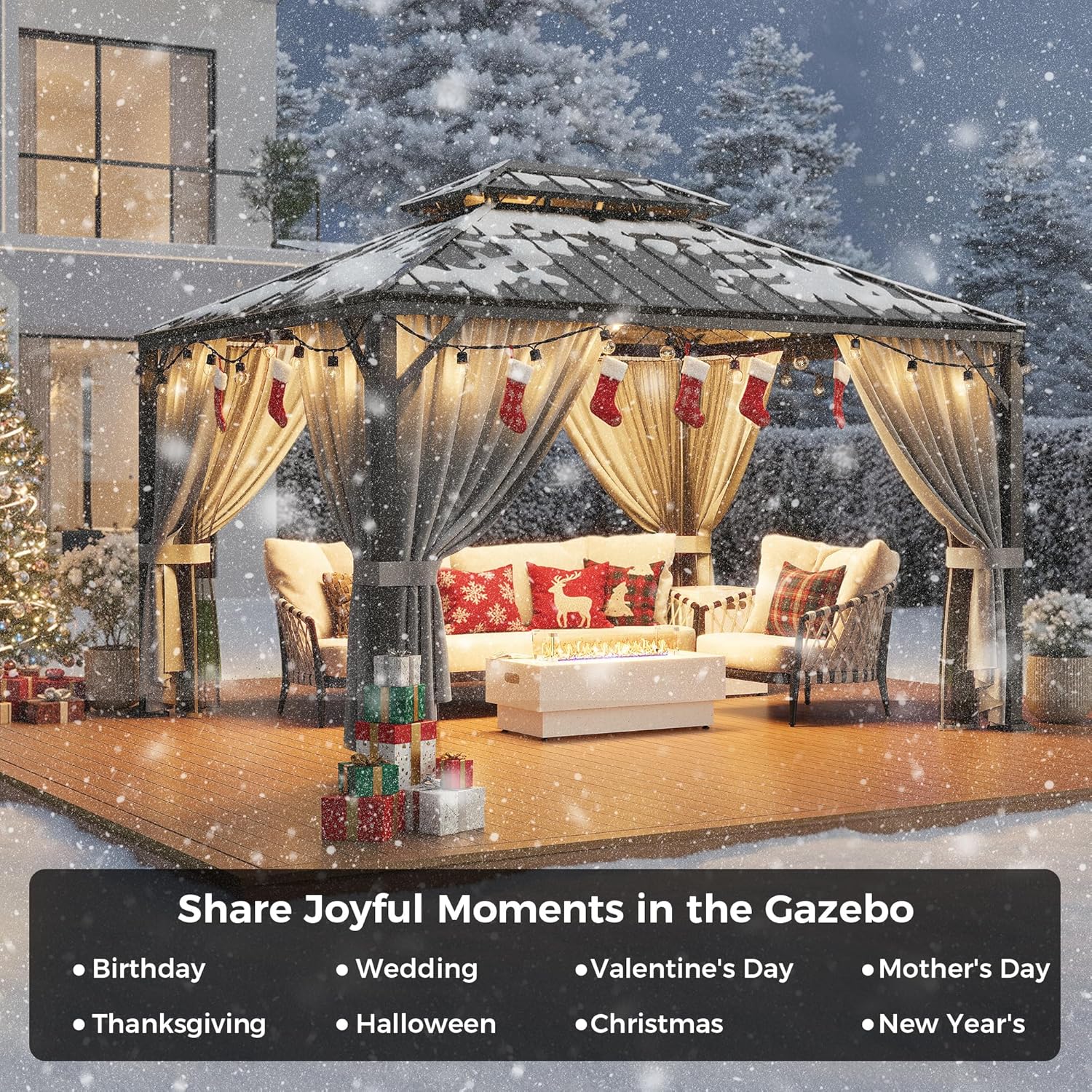 IRONCK Aluminum Patio Gazebo with Double Roof, with Net and Curtain