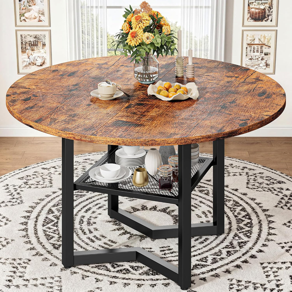 IRONCK 47.2" Wood Round Dining Table for 4, Rustic Brown