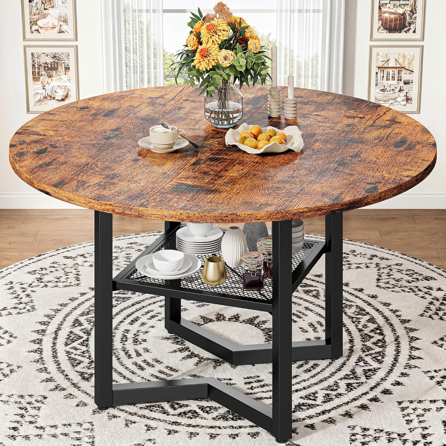 IRONCK 47.2" Wood Round Dining Table for 4, Rustic Brown