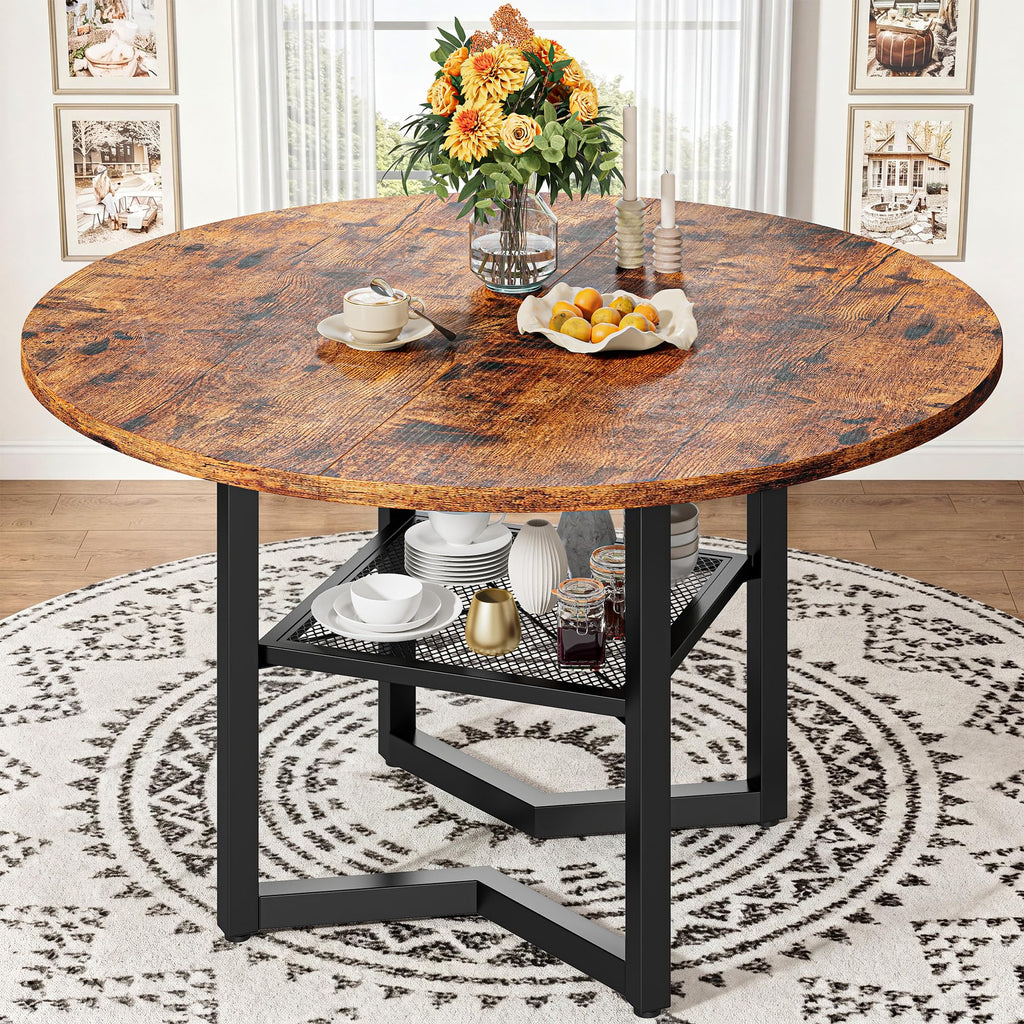 IRONCK 47.2" Wood Round Dining Table for 4, Rustic Brown