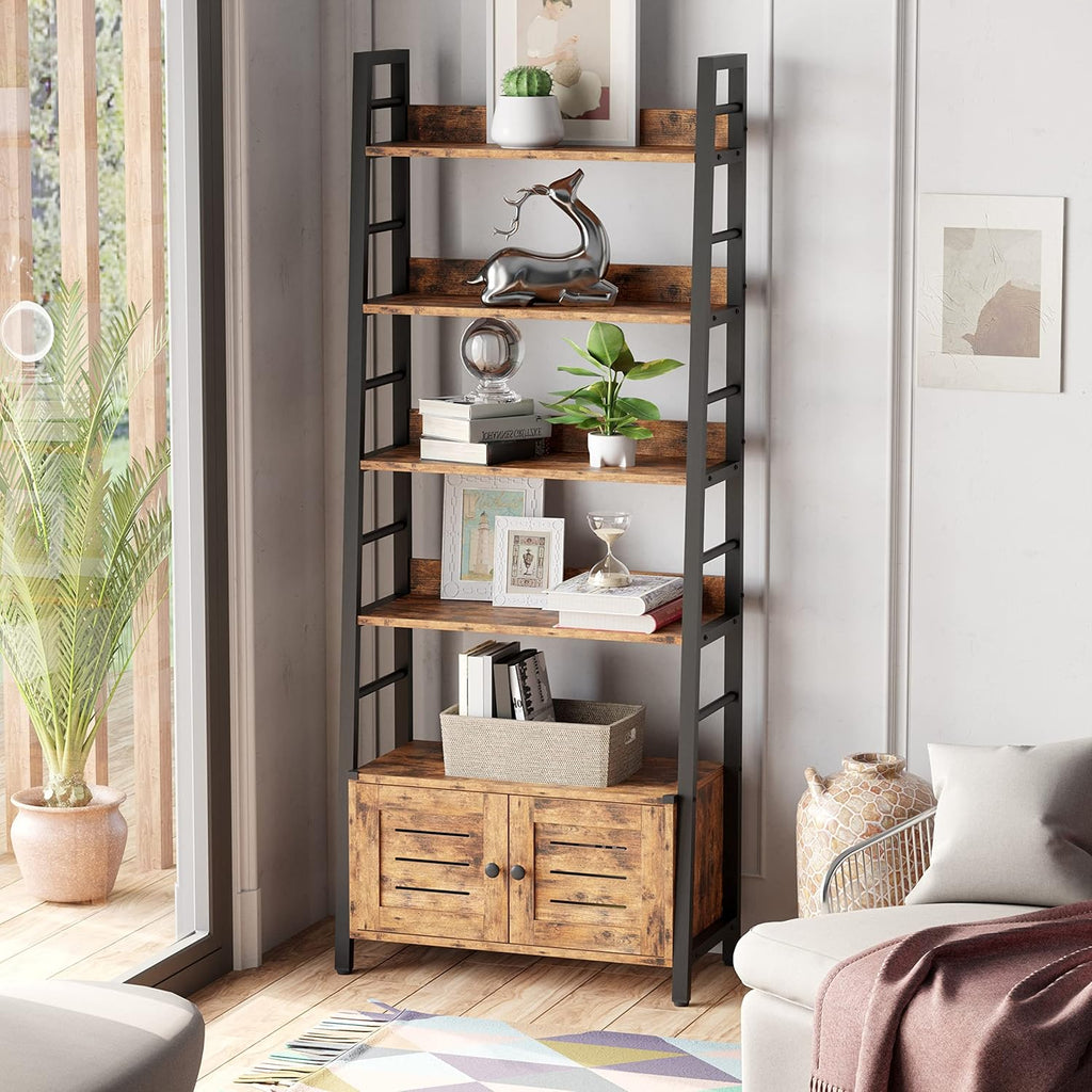 IRONCK 4-Tier Ladder Bookshelf with Louvered Doors, Rustic Brown