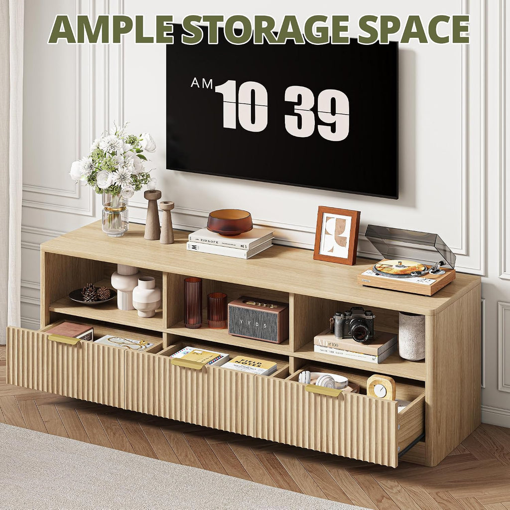 IRONCK 59" Fluted TV Stand for TVs Up to 65", Natural Oak