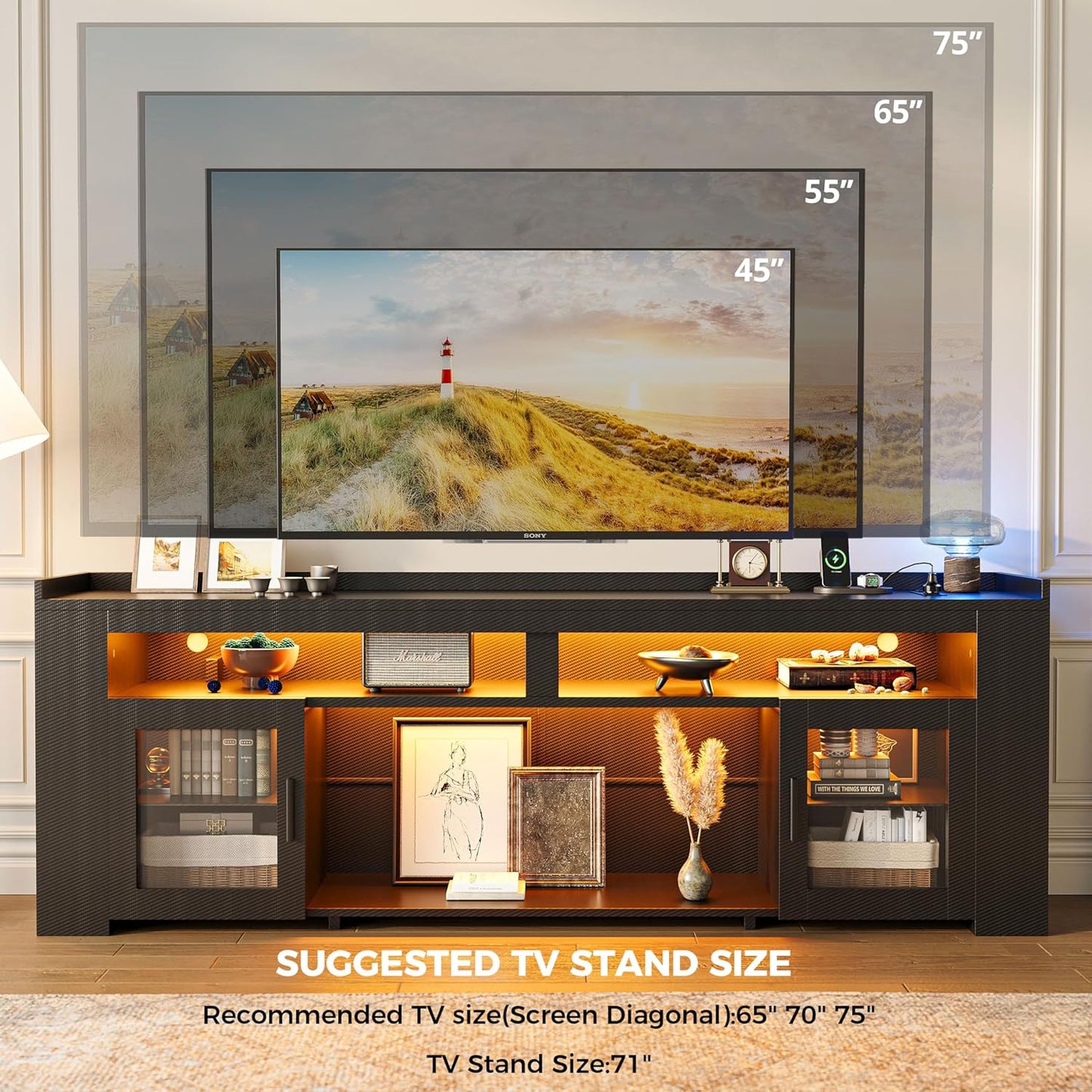 IRONCK TV Stand 75" with Charging Station, LED Entertainment Center