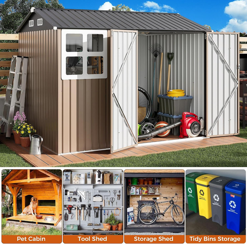 IRONCK 8x6FT Outdoor Storage Shed with Clear Window, Outdoor Shed, Brown Breathable Vent, Lockable Doors, Metal Garden Storage, Tool Shed, For Poolside, Patio, Backyard