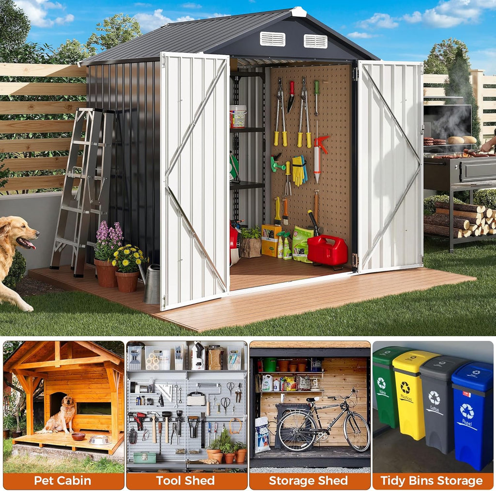 IRONCK 5.7x5.7FT Outdoor Storage Shed, Tool Shed, Dark Blue Galvanized Steel, Lockable Doors, Breathable Vent, Metal Garden Storage, Outdoor Shed, For Backyard, Patio, Poolside
