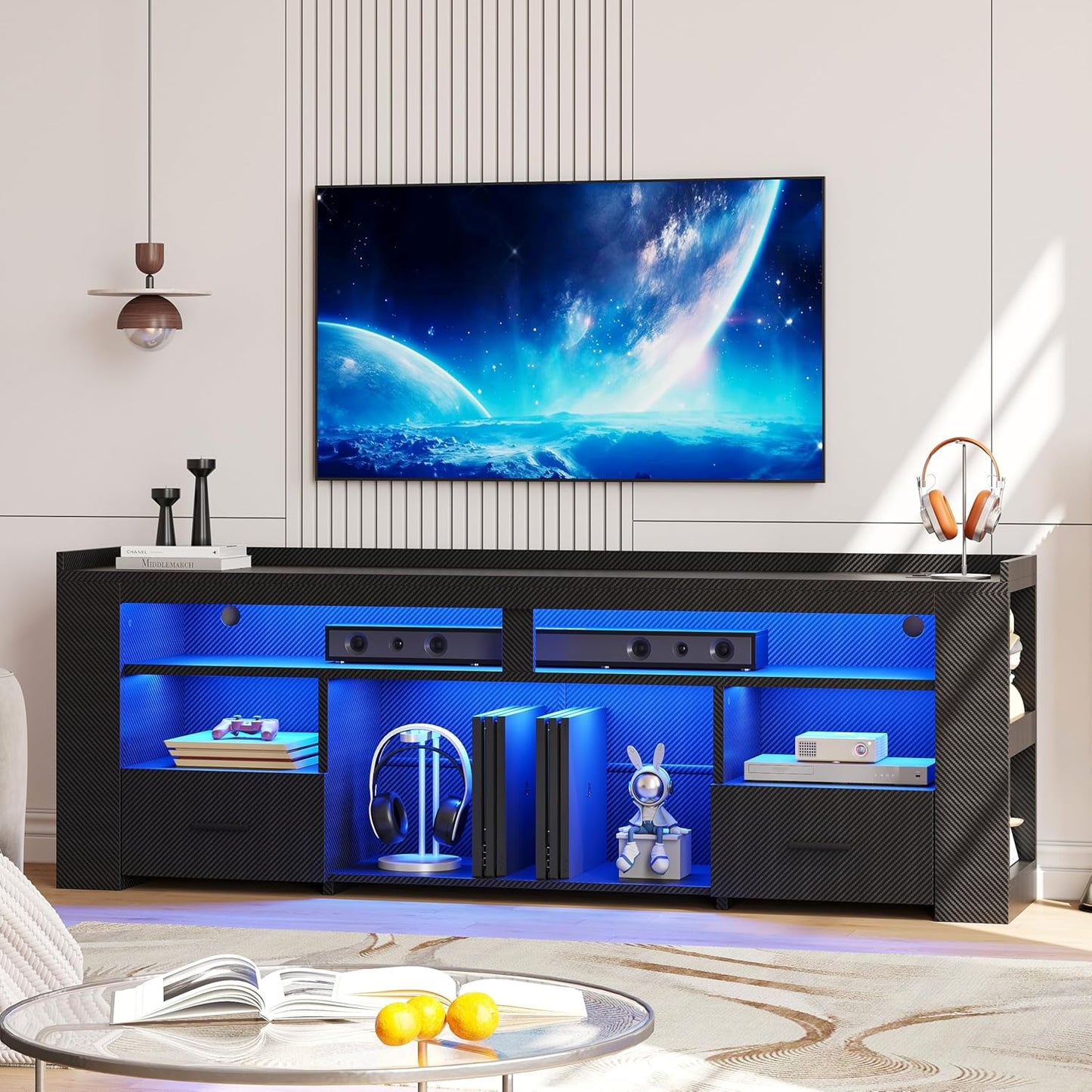 IRONCK TV Stand for 75 Inch TV, Carbon Fiber Entertainment Center with 2 Drawers