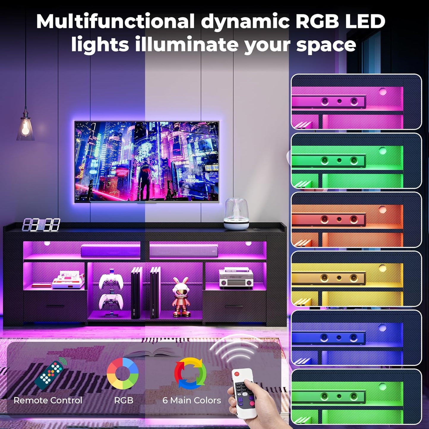 IRONCK TV Stand for 75 Inch TV, Carbon Fiber Entertainment Center with 2 Drawers