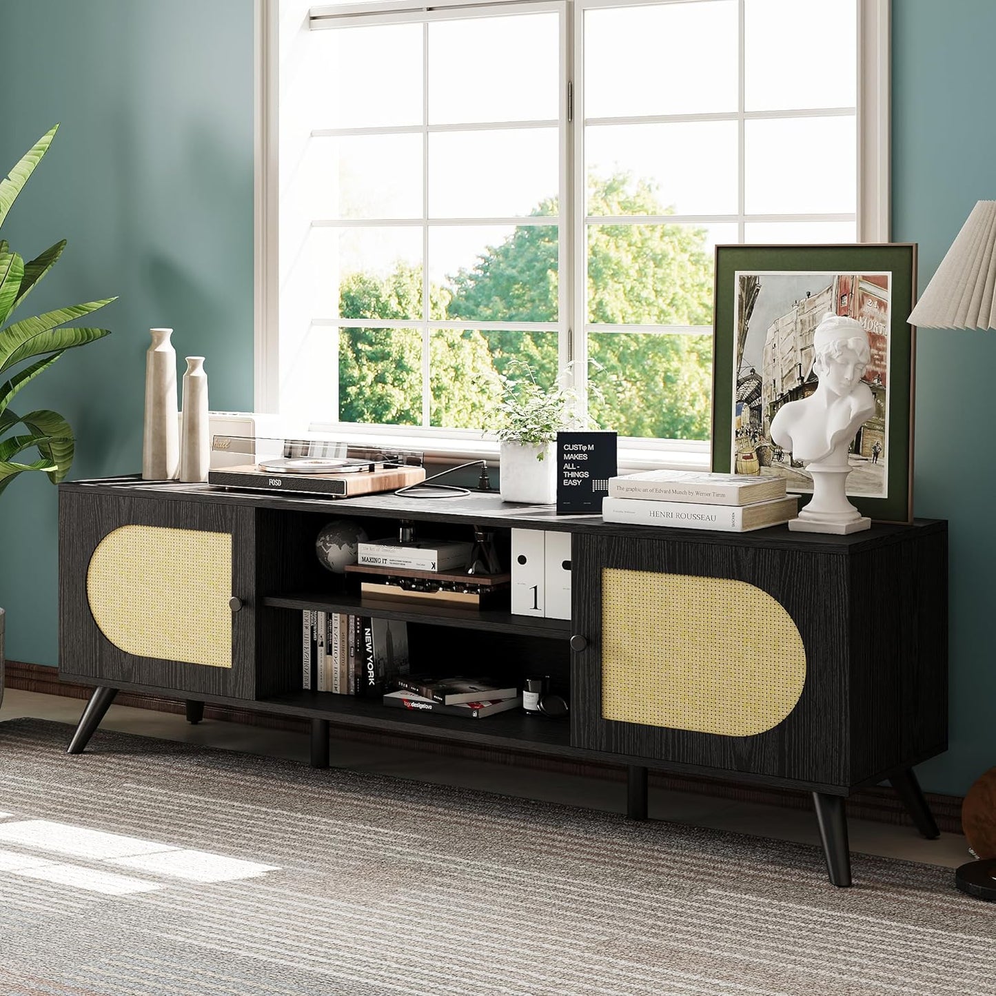 Boho TV Stands with Storage Cabinet Black