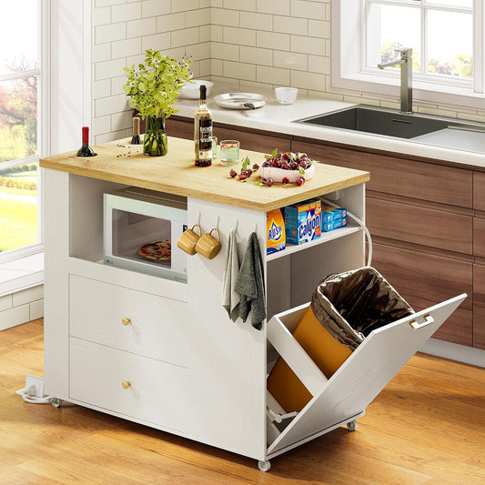 IRONCK Kitchen Island with Trash Can White