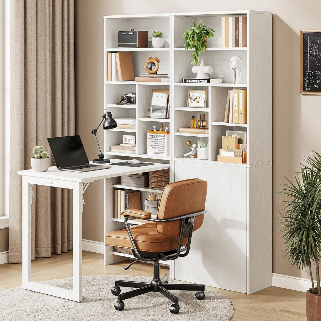 IRONCK Foldable Desk with Storage, Fold Out Murphy Desk Craft Table, White